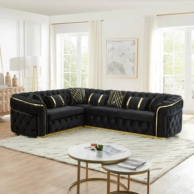 Sofá Chesterfield de terciopelo en forma de L de 110,5" con detalles dorados y 7 almohadas, negro Foto 1 de 4