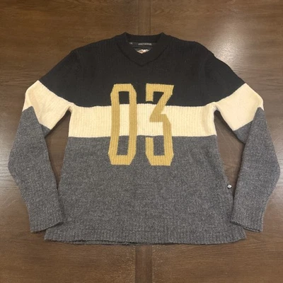 Suéter feminino Harley Davidson vintage malha média lã gola V pulôver color block - Imagem 1 de 4