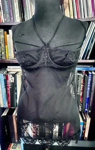 Fredericks of Hollywood Black Mesh Open Back Lace Diamond Details  Sz Large - Picture 1 of 11