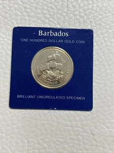 1975 Barbados $100 Dollars 350th Anniversary Gold Uncirculated Coin - Picture 1 of 4