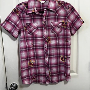 Ariat Jeanine Blue Pink Short Sleeve Pearl Snap Western Shirt sz M Embroidered - Picture 1 of 5
