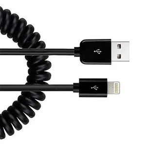 For iPhone 11 12 13 14 iPad Coiled USB Cable Charger Cord Power Sync Wire Black - Picture 1 of 5