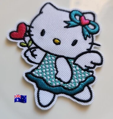 1pce Cartoon Kitty Hello Flowers Blue Check Dress Iron On Patch 6.5x6.5cm - Image 1 of 2