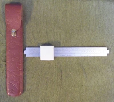 Rechenschieber aus Alu , Reiss Elektro Mautner Dresden mit Lupe , mit Lederetui - Bild 1 von 4