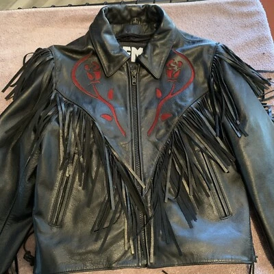 Vtg FMC Black Rose Fringe Leather Biker Motorcycle Full Zip Jacket Womens SZ LRG - Image 1 of 4
