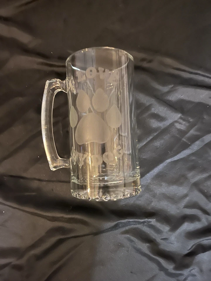 Dog Lovers Glass Mug - huge handle style beer mug - Etched Glass Paw Logo - Low$ - Image 1 of 1