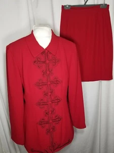 Donna Morgan Red Two Piece Skirt Suit Size 8 Cording Embroidered Detail Career - Picture 1 of 7