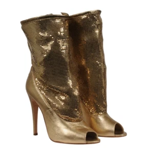 Brian Atwood Women Sock Chain Peep Toe Heels US 7 EU 37 Gold Metallic Leather - Picture 1 of 10
