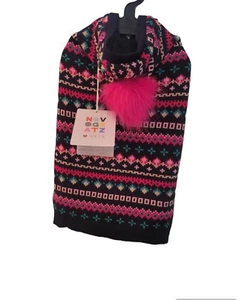 Novogratz Fleece Lined Hooded Dog Sweater Navy w/Teal, Pinks & Blush Fushia Pom - Picture 1 of 12