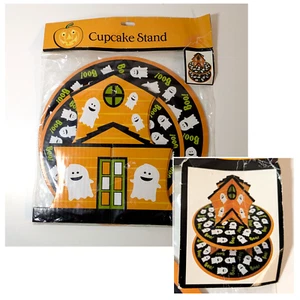 Halloween Cupcake Stand Two Tier, Party, Boo Ghosts, Haunted House, Orange Black - Picture 1 of 8