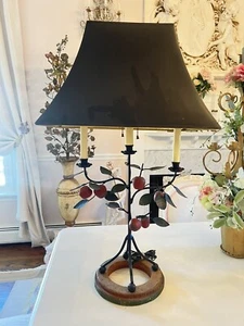 Vtg Lamp Apples Tole Metal Wood Black Shade Fruit Lamp - Picture 1 of 23