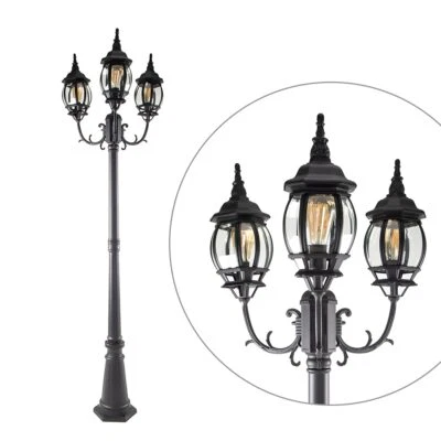 LUTEC LED Outdoor Post Light - Triple-Head Vintage Street Lamp Black Hardwired