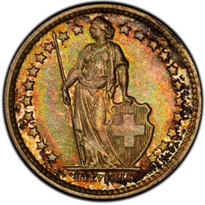 MS66 1964-B Switzerland Silver 1/2 Franc, PCGS Trueview- Rainbow Toned - Picture 1 of 6