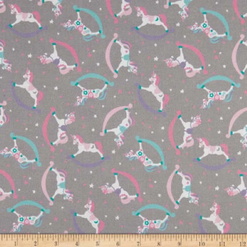 BTY Stof ROCKING HORSES on Gray Print 100% Cotton Quilt Craft Fabric by Yard - Image 1 of 1