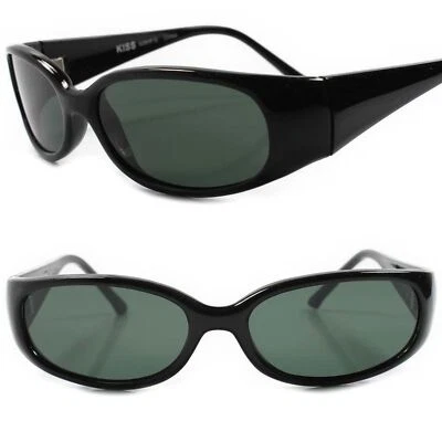 Classic True Vintage Indie 80s Green Lens Black Wrap Around Rectangle Sunglasses - Image 1 of 4