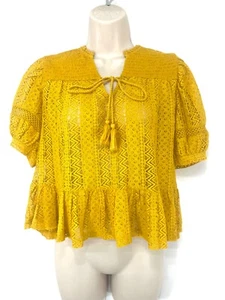 MANGO Yellow Lace Retro Boho COTTON Blend Women's Cropped Blouse UK 12 14 M - Picture 1 of 3