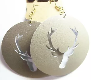 Handcrafted Genuine Leather Pierced Earrings 3" Round W/ Deer Head Cutouts - Picture 1 of 1