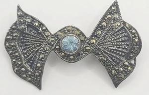 Boma 925 Sterling Silver Brooch Blue Gem Marcasite Stones Bow Tie Estate Vtg - Picture 1 of 9