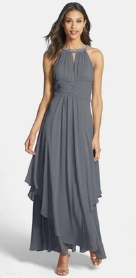 Vestido halter de gasa adornado con capas Eliza J talla 12 carbón Foto 1 de 4