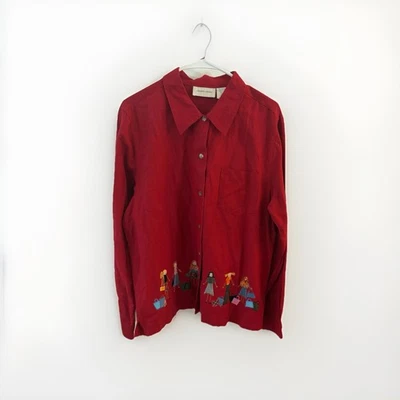 Camisa de hierba limón para mujer talla L roja mezcla de lino blusa bordada con botones Foto 1 de 4