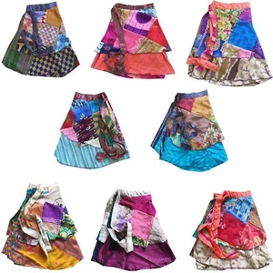 indian vintage silk Sari Mini wrap skirt women beach Bohemian skirts wholesale - Picture 1 of 6