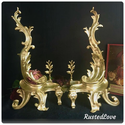 Andirons Rocco / Louis XV Vintage Solid Brass Acanthus Leaves Fireplace Chenets Cover