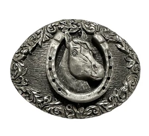 Hebilla de cinturón vintage plateada herradura y cabeza de caballo firmada Ege 1993 hecha en EE. UU. - Imagen 1 de 5