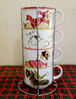 Pier 1 PARK AVENUE PUPPIES - 圣诞狗 8 盎司可堆叠 MUG 套装和架子 — 第 1/3 张图片