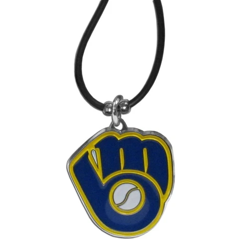 Milwaukee Brewers Necklace Black Rubber Cord Large Metal Pendant MLB Baseball Cover