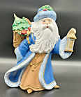 Old World Hand Painted Ceramic Santa Figurine -Tree & Lantern Blue Coat 10-1/2"
