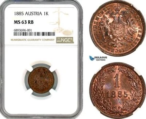 AJ837, Austria, Franz Joseph, 1 Kreuzer 1885, Vienna Mint, NGC MS63RB - Picture 1 of 1