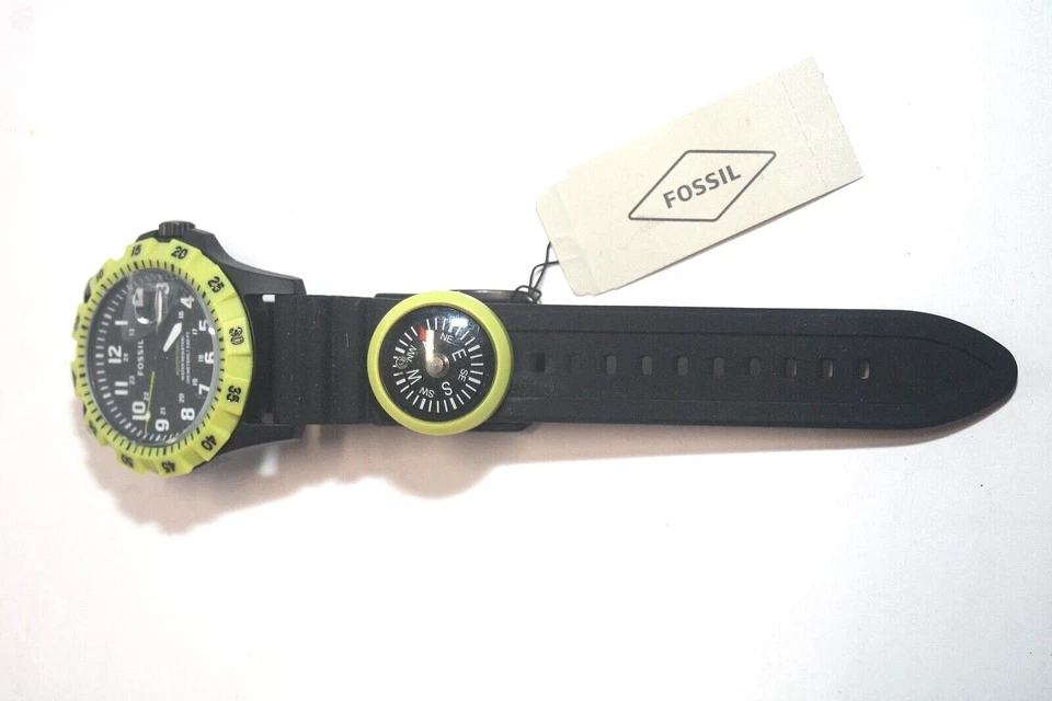 Fossil Men's Fb-adventure Green Compass Black Silicone Strap Watch 42mm FS5732
