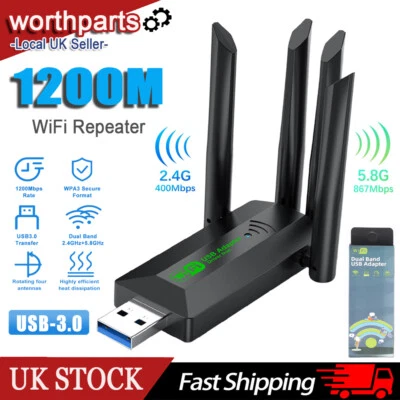 1200Mbps WiFi USB Dongle Adapter Extender Wireless 2.4GHz 5GHz Repeater Booster - Image 1 of 4