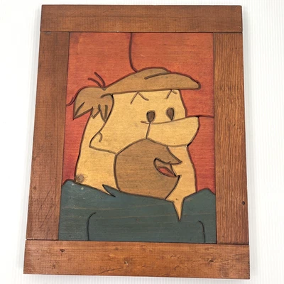 Vintage Flintstones Barney Rubble Wood Puzzle Art Handmade Intarsia Framed 70s - Image 1 of 4