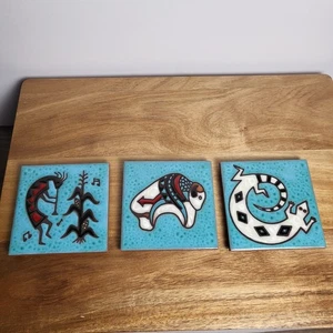 3  Vintage  Teissedre Kokopelli/Buffalo/Gecko Ceramic Tiles Coasters Turquoise - Picture 1 of 10