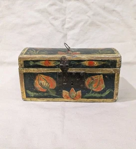 Antike normannische Hochzeitskatulle/Truhe bemalt Holz um 1800 französische Blumen - Bild 1 von 8