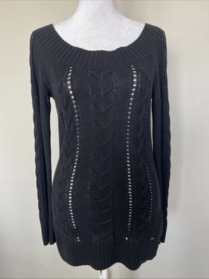 Guess Ladies Black Boatneck Cable Knit Long Sleeve Sweater Size Small - Image 1 of 4