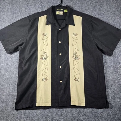 Cubavera 男式 XL 刺绣拼接纽扣衬衫黑色棕褐色鸡尾酒花卉休息室 — 第 1/4 张图片