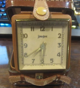 vntg Swiss Neiman Marcus Travel Alarm Clock Leather Case 7 Jewel RARE - Picture 1 of 15