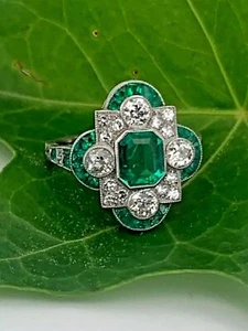 Art Deco Vintage Green Emerald & Created Diamond 925 Silver Engagement Ring - Picture 1 of 5