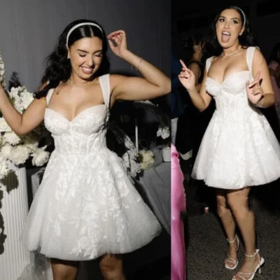 Mini Short Wedding Dresses Lace Applique Deep V Neck A Line Crystal Bridal Gowns - Image 1 of 4