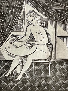 Original TSUGUHARA FOUJITA Japanischer Holzschnitt "Nackte Frau schreibt Buchstabe" - Bild 1 von 5