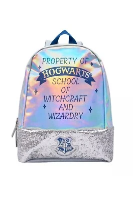 Harry Potter Property of Hogwarts Backpack Girls Silver Glitter Rucksack Bag