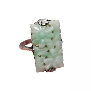 Art Deco Chinese Carved Pierced RING Green Jadeite Jade Flower Silver Sz UK M - Picture 1 of 6