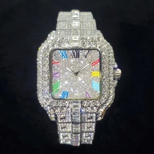 Hip Hop Luxury Ice out Men's Watch Iced Bling VVS Silver Square Diamond Jewelry - Picture 1 of 6