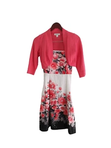 Two Piece Set A-Line Floral Dress Shrug Cardigan Pink Black White SZ 4 Feminine - Picture 1 of 18