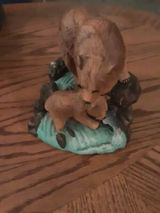 Brown Bear and Cub Fishing in River Porcelain Figurine - Picture 1 of 7
