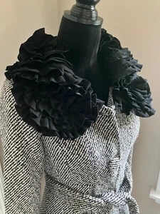 RYU BLACK & WHITE COAT WITH BLACK DRAMATIC LAYERED FEMININE COLLAR W/BELT-SIZE S - Picture 1 of 11