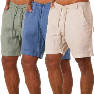 Men's Cotton Linen Shorts Summer Beach Casual Drawstring Chino Loose Short Pant/ - Picture 1 of 15