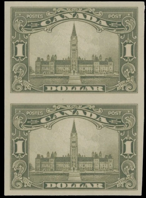 1929, CANADÁ, KING GEORGE V, PERGAMINO, VERT IMPERF PAR DE $1 OLIVA, UN.#159a Foto 1 de 2